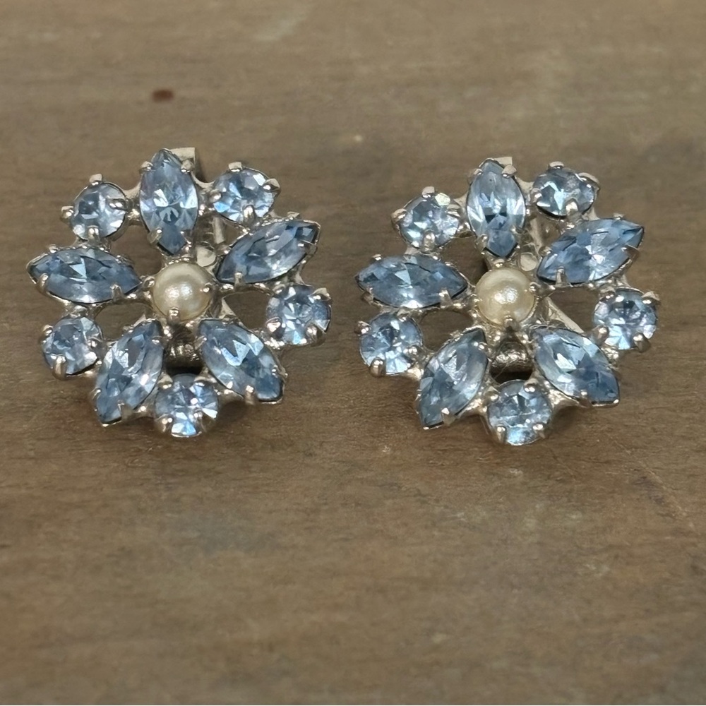 Vintage B David Earrings CLIP ON Silvertone Imitation Pearl Marquise Rhinestone